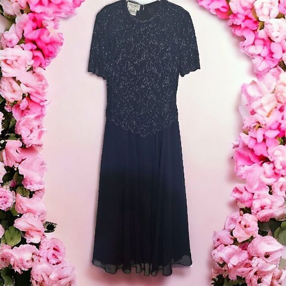 Brilliante Navy Blue Sequin Beaded Lace Maxi Dress Fit Flare Full Skirt Chiffon - Picture 1 of 7